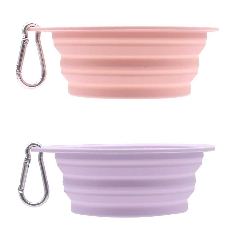 2 Pack Collapsible Dog Bowl, Foldable Silicone Dog Water Bowl, Portable Travel Dog Bowl For Food And Water, Non Slip Collapsible Bowl For Outdoor Walking Hiking And Training Pets (Pink+Purple)