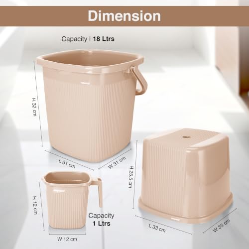 Image of Nayasa Rimmy 20, 3 Pcs Bathroom Set (18 L Bucket + 1 L Mug + Stool), Beige