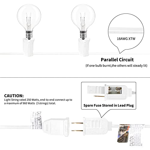 50Feet G40 Outdoor Patio White String Lights-Connectable Globe Lights With 52 Clear Bulbs(2 Spare), Ul Listed Backyard Lights For Indoor Commercial Decor, 50 Hanging Sockets, E12 Base, 5W Bulb, White #TOP2