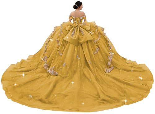 XYAYE Beaded Tulle Quinceañera Dresses Off Quince Dress Gold Size 12