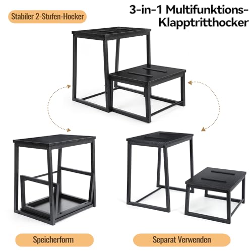 smusei 2 Stufen Tritthocker Klappbar für Erwachsene & Kinder, 3-in-1 Stabiler Holzhocker Fußbank Abnehmbar für Küche, Bad, Schlafzimmer, Toiletten, Tragfähigkeit 200KG -Schwarz