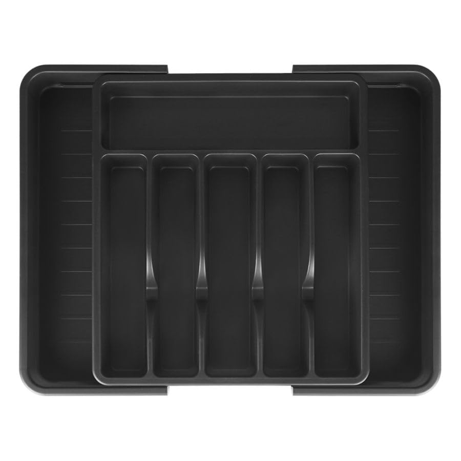 Minsal Expandable Cutlery Drawer Organizer, Plastic Silverware Tray for Kitchen, Adjustable Flatware with 8 Compartments, Non-Slip Utensil for Knives Spoons Forks, Fits Most Drawers, Black