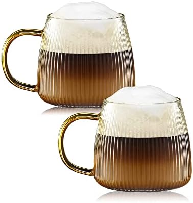 ZHMTang Premium Unique Glass Coffee Mugs Set of 2 Fancy Cups with Stylish Vertical Stripes Pattern - Light Yellow Handle
