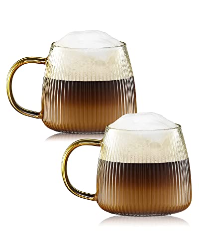 Zhmtang Premium Unique Glass Coffee Mugs Set Of 2 Fancy Cups With Stylish Vertical Stripes Pattern - Light Yellow Handle #TOP21