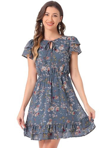 Image of Allegra K Women's Ruffle Sleeve Self-Tie V Neck Flowy Ruffled A-Line Floral Chiffon Dress