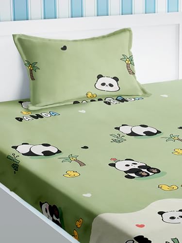 Image of Urban Dream Kids Cute Panda Print Green and White BEDSHEET Set (Single Bed)
