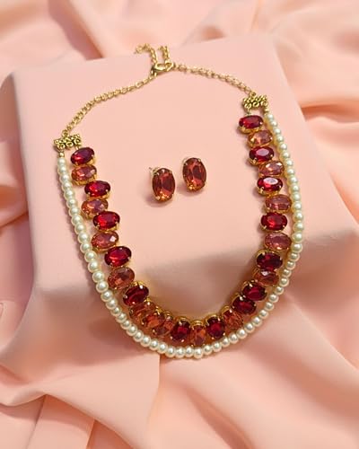 Image of Mansiyaorange Statement AD CZ American Diamond Cubic Zerconia Pearl Necklace Set | Gold Plated Chunky Fashion Jewelry for Women & Girls