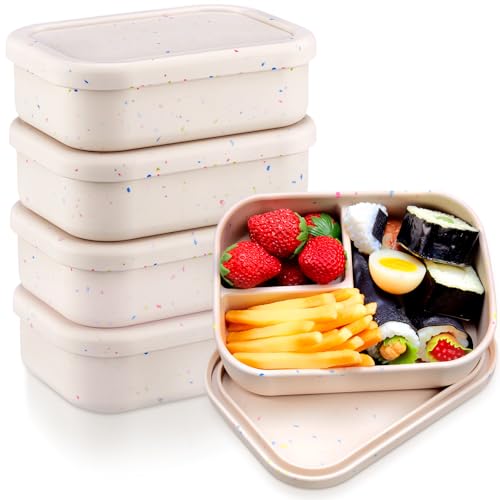 Image of Honeydak 4 Pcs Silicone Bento Box, 3 Compartment Lunch Food Container for Women Men, Leak Proof Microwave Easy to Clean Dishwasher Freezer Safe (Beige)