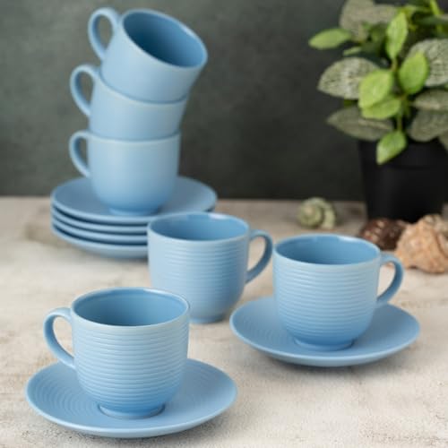 Image of Clay Craft Fine Ceramic Horizon Blue Cups & Saucer, Set of 12, Cups for Tea & Coffee, Gift Set, Elegant Design for Home and Kitchen and Can Be Gifted to Your Loved Ones On Any Occassions