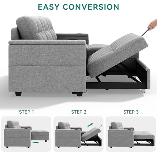 DWVO L-Shaped Sectional Sofa with USB & Chaise, 4-seat Fabric Convertible Couch Bed w/Pull Out Bed & Storage, Reversible Sleeper Sofa for Living Room, Light Gray
