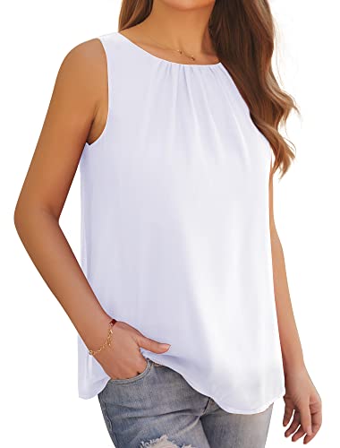 Awuliffan Women's Sleeveless Round Neck Tank Tops Casual Basic Solid Color Pleated Double Layers Chiffon Blouse Shirts (White,Medium) #TOP2