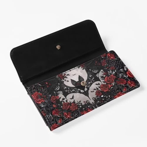 Black Bat Roses Print Women Slim Wallet Gothic Spider Web Trifold Long Credit Card Holder Clutch Handbag, Red Rose Flowers Leather Checkbook Wallet for Ladies4