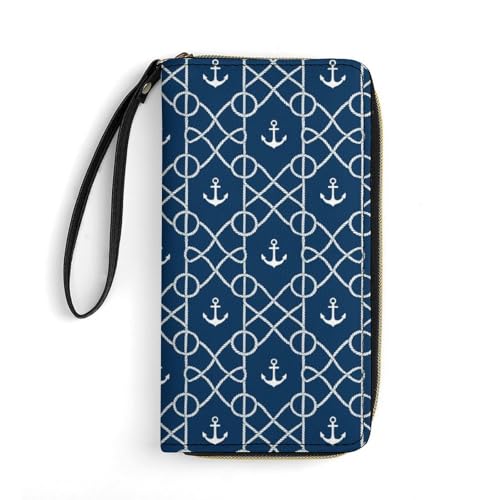 Women Travel Wallet, Zipper Closure Phone Purse, Portable Rope Wallets, Perfect for Business, Nautical Anchor Chevron Net Navy
