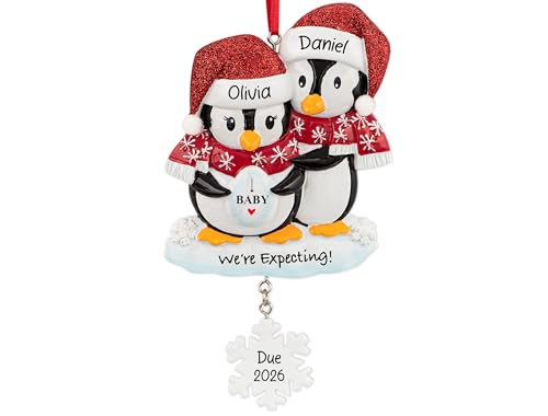 UniqXmas Personalized Pregnant Christmas Ornament 2026 | We are Expecting Mom-Dad-Parents to Be | Baby on the Way, Pregnancy Announcement | Bump’s First Xmas Keepsake Penguins - Custom Name and Year