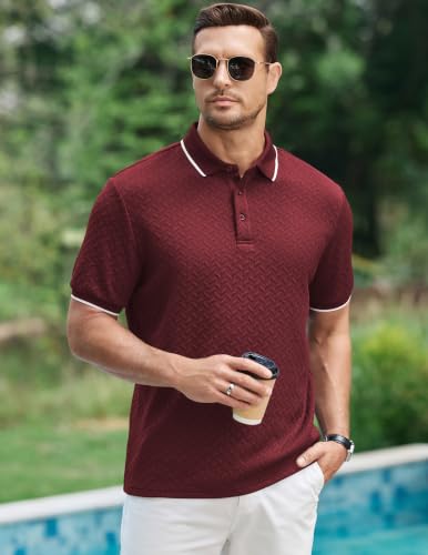 Image of JMIERR Mens Casual Polo Shirt Short Sleeve Vacation Button Summer Beach Knit Stretchy Golf Shirts