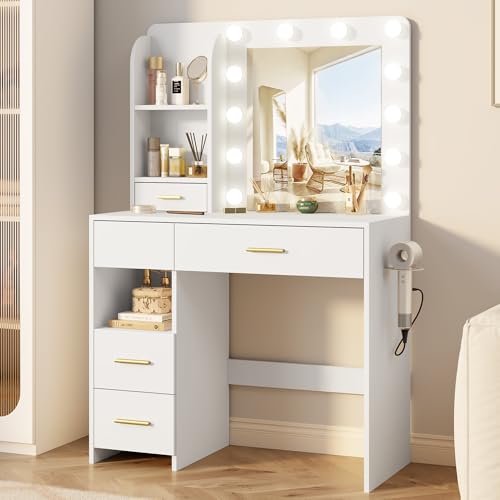 Otterease 35" Makeup Vanity Desk with LED Mirror, 5 Drawers, White