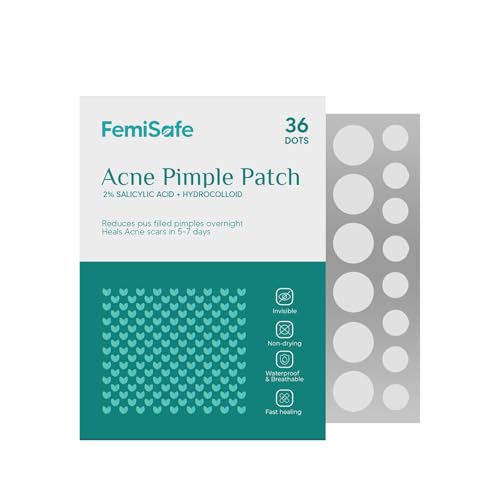 FemiSafe Acne Pimple Patch | 36 Invisible Waterproof 2% Salicylic Acid & Hydrocolloid Spot Acne Patches for Men & Women | Reduces pus overnight | Heal acne scars 5-7 days | 2 Sizes: 12 mm & 8 mm