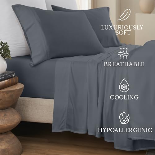 Image of KARISSA MAE Bamboo Viscose 34 inch Split Top King Size Sheet Set, FSC Certified | Single 34 inch Split Fitted Sheet | Sleep Number & Adjustable Bed | Cooling | 18 inch Deep Pocket w / Corner Straps [Charcoal Grey]