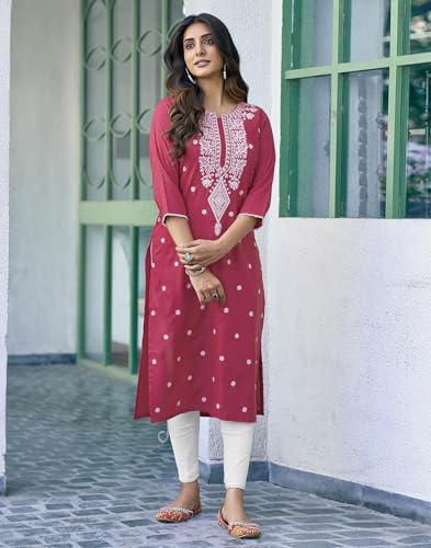 Image of SIRIL Women's Cotton Blend Straight Fit Straight Chikankari Embroidery Kurta