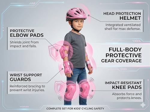 Image of JERN 7 Pieces Kids Children Plastic Roller Skating Bicycle Cycling Scooter Helmet Knee Elbow Pad Wrist Guard Set (Pink)