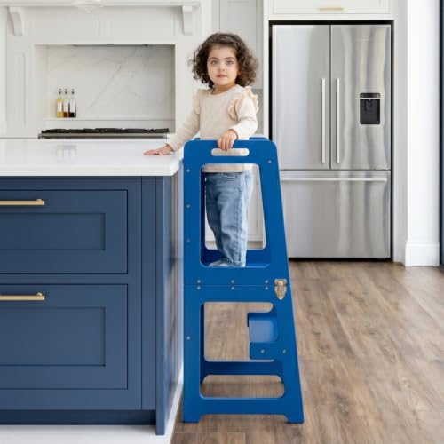 Image of Avenlur Toddler Tower, Date 4-in-1 Kitchen & Learning Tower (Blue) | Avenlur Date 4-in-1 Kitchen Tower doubles as a kitchen stool for toddlers, montessori tower, and toddler tower table.