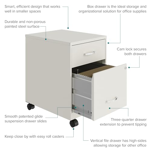 Space Solutions - 2 Drawer Fully Assembled Steel File Cabinet, Home & Small Office Use, Perfect for Small Spaces, Letter-Size, Lock, Mobile, Pearl White - Image 6