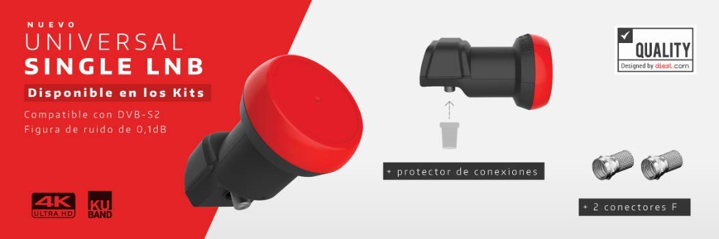Kit Antena parabolica 60cm + LNB Single 4k + Soporte + 20 Metros de Cable + Tacos a Pared + Conectores + 10x Bridas