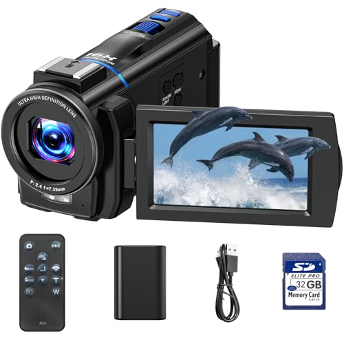 Videokamera 4K, 48MP Camcorder Vlogging Camera für YouTube, 16X Digitalzoom Nachtsicht Vlog Kamera, 3 270° drehbarer Touchscreen Webcam Video Camera 4K mit 32GB SD-Karte, Fülllicht, Fernbedienung