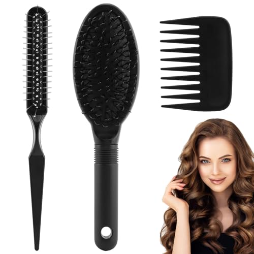 3Pcs Wig Brush Comb Set,Professional Styling Extension Brushs Kit,Loop Wig-Brushs Hair Extension Wide-Tooth and Edge Combs, for Human and Synthetic Hair Smoothing Parting Section