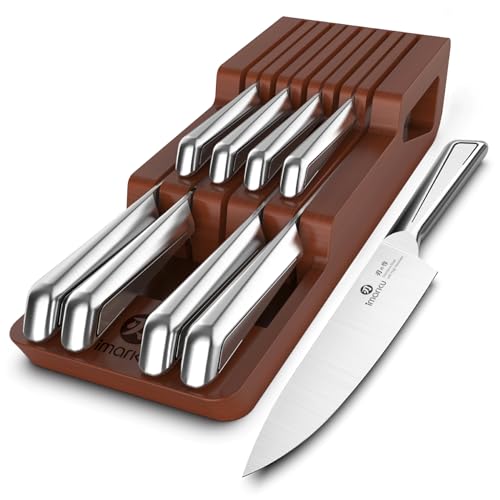 imarku Drawer Knife Set, 10 PCS Japanese Stainless Steel Knife Block Set, Kitchen Knife Sets with Wooden Drawer Organizer, Dishwasher Safe, Ultra Sharp Chef Knife, Gifts for Men