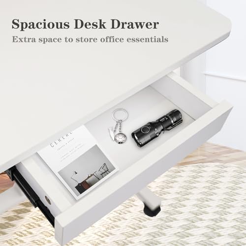 Image of CLATINA Mobile Laptop Standing Desk Adjustable Height, Computer Desk Teacher Podium with Lockable Wheels, Work Table with Drawer, Portable Rolling Side Table Bed Desks for Home Office Classroom, White