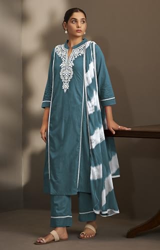 Image of DRESOUL Women Pure Cotton Schiffli Embroidered Kurta Set and Dupatta