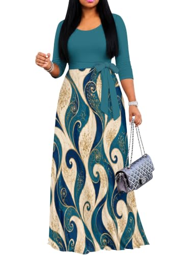Image of PinkPatty Plus Size Maxi Dress for Women Casual V Neck 3 /4 Sleeve Boho Printed Long Dress with Pockets