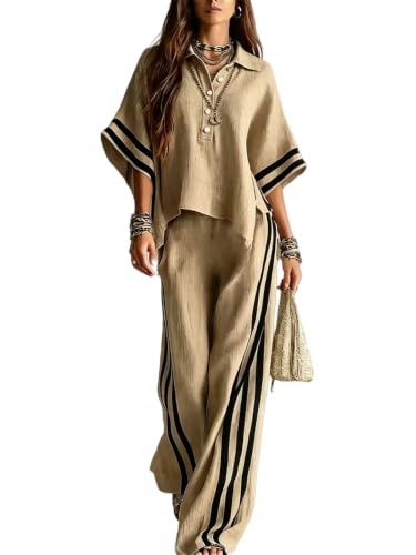 Womens Linen Striped 2 Piece Outfits 2026 Oversized Half Sleeve