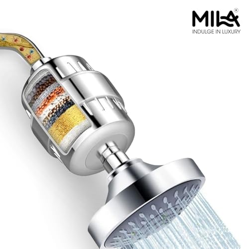 Image of Mila Chrome Showerhead Filter | Hard Water Filter for Shower | Removes Chlorine & Contaminants | Vitamin C, Ceramic, Alkaline & Activated Carbon Balls | Wall Mounted | Durable ABS + POM |Easy Install