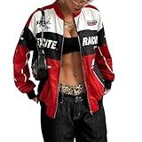 Women's Racing Knight Jacket Splicing Casual Women's Jacket Zipper Printed Large Letter Pattern Top (Red,Small)