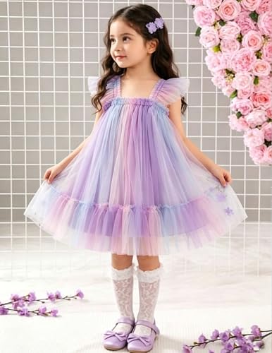 Image of Arshiner Toddler Tulle Dress for Girls Layered Tutu Ruffle Dresses Swing Twirly Fairy Summer Birthday Party Wedding Sundress