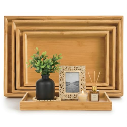 Consejos para Comprar Charola de cocina disponible en línea para comprar. 48 Set de 5 Bandejas Decorativas de Bambú Modernas, Charola de Servicio Rectangular, Bandeja de Bambú para Tocador, Cocina y Baño, Charola para Servir y Decorativa, Organizador de...