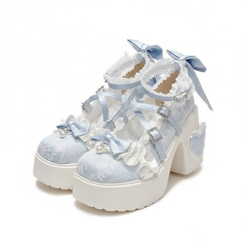 Gothic Lolita Platform Mary Jane Shoes – Original Design, High Heel Cosplay Boots with Lace-Up Straps & Heart Detail, Black, White & Red for Anime Costume, Party or Daily Wear (Light Blue,8)