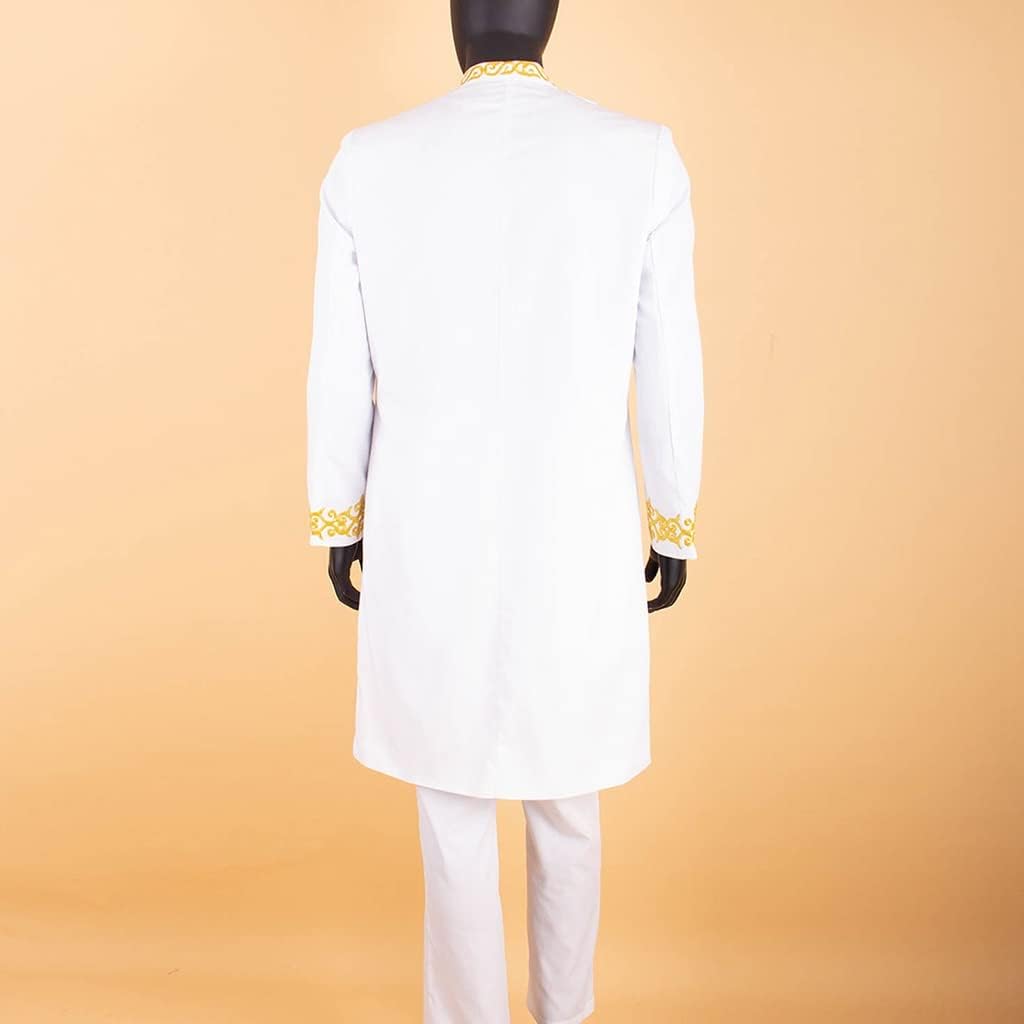 African Suit for Men Jacket Shirt and Pants 2 Piece Set Traditional Gold Printed Long Sleeve Outfits, S-4XL (Color : White, Size : 3X-Large)