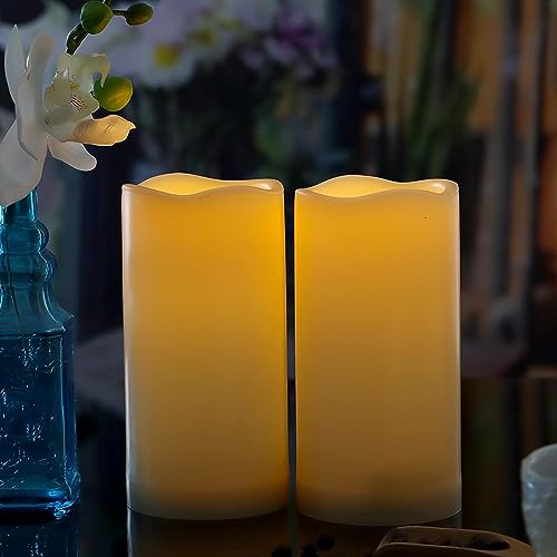 Image of 2 Pack 6'' Outdoor Battery Operated Candles with Timer Flameless LED Flickering Candles Waterproof Electric Pillar Decorative Candle for Wedding Party Home Lantern Garden