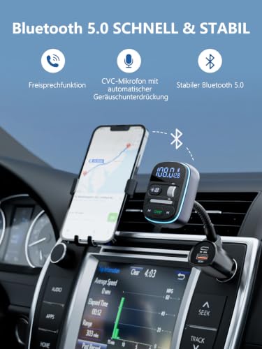 LENCENT Bluetooth FM Transmitter, Musik Adapter für Auto, Auto FM Bluetooth