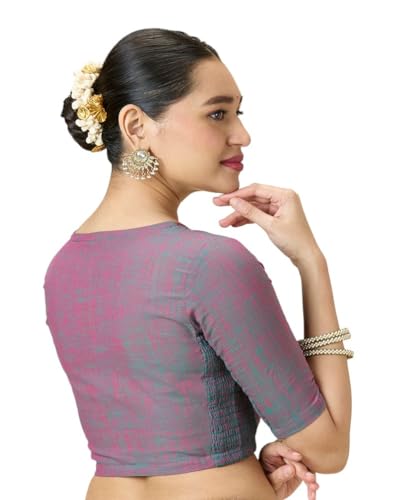 Image of Studio Shringaar Women's Handloom Cotton Side Stretchable (Smocked) Readymade Saree Blouse with Crochet Neckline
