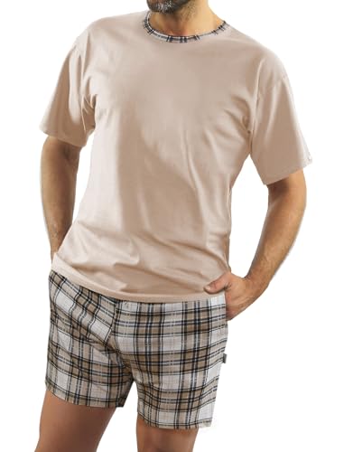 sesto senso Herren Kurz Schlafanzug Beige Baumwolle Sommer Schlafanzug mit Kurzarm Nachtwäsche Zweiteilig Hellbeige L 2576/53