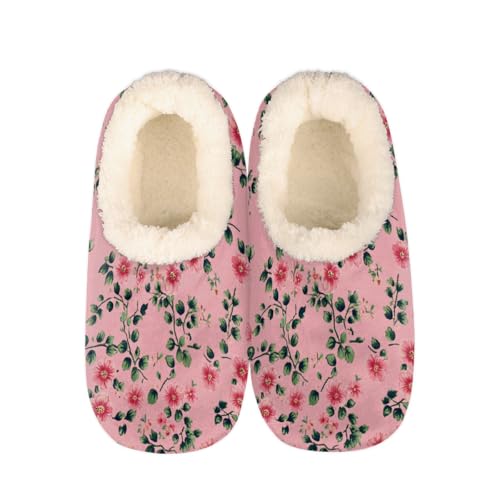 Pink Floral Pattern Slippers for Women Slipper Socks Soft Fuzzy House Slippers Shoes for Indoor Bedroom, Winter Cozy Christmas Gifts