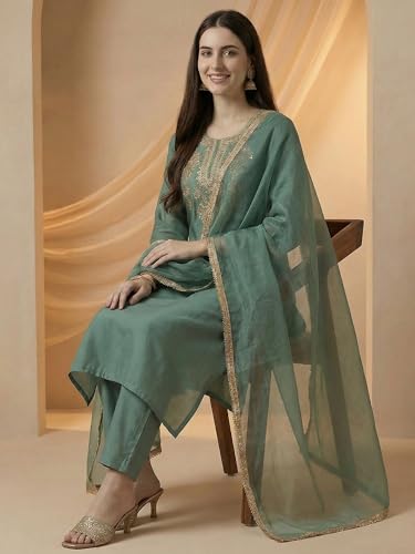 Image of INDO ERA Women's Silk Embroidered Straight Kurta With Pant & Dupatta Set