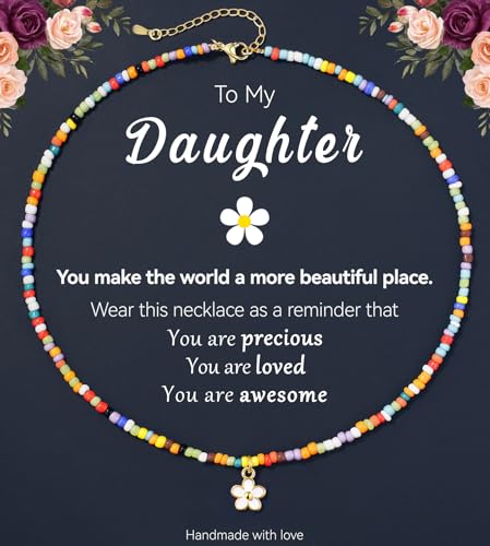 JQVLOVE To My Daughter Beaded Daisy Charm Necklace, Teen Girl Gifts Trendy Stuff, Mother Daughter Necklace, Jewelry for Teens, Girls Fashion, Cute Necklaces, Birthday Christmas Easter Gift