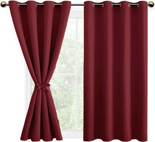 DWCN Blackout Curtains with Tiebacks for Bedroom Thermal Insulated Solid Eyelet Curtains for Living Room,2 Panels,52" Wide x 54" Drop Burgundy