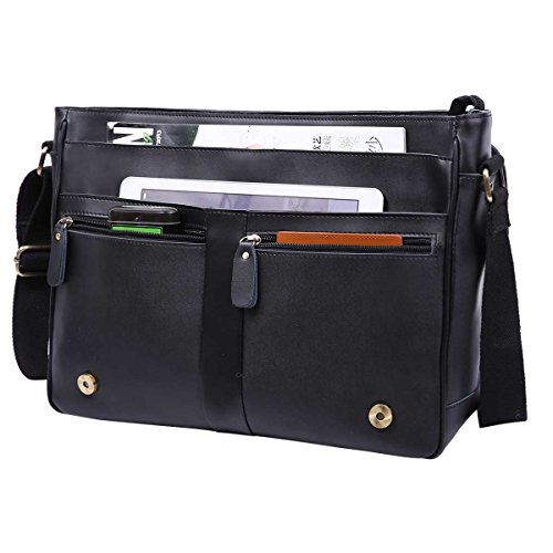 Leathario Men's Leather Shoulder Bag 14inch Laptop Bag Messenger Bag Crossbody Bag Satchel Bag Black