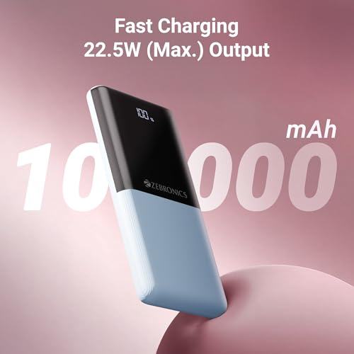 Image of ZEBRONICS 10000 mAh Power Bank | 22.5W Super Fast Charging | PD3.0 (PPS) | Dual Type-C & USB-A | LED Percentage Display | Sleek /Texured Body | for All Mobiles, Tablet, Earbuds, EnergiPod 10R1 (Blue)